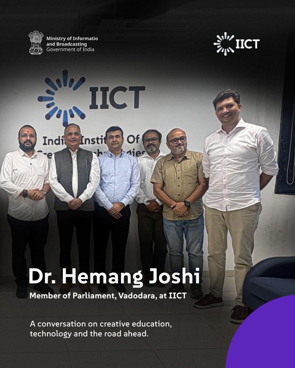 TheIICT's tweet photo. What should India create next?
Building the right ecosystem for India’s creators.
IICT welcomed @drhemangjoshimp, MP from Vadodara, for a campus visit and conversations around creative education, technology and the next steps for Content Creators Lab.

#IICT #InventTheUnreal #CreativeEducation #CreativeTechnology #ContentCreatorLabs #AVGCXR #CreatorEconomy #DigitalCreativity