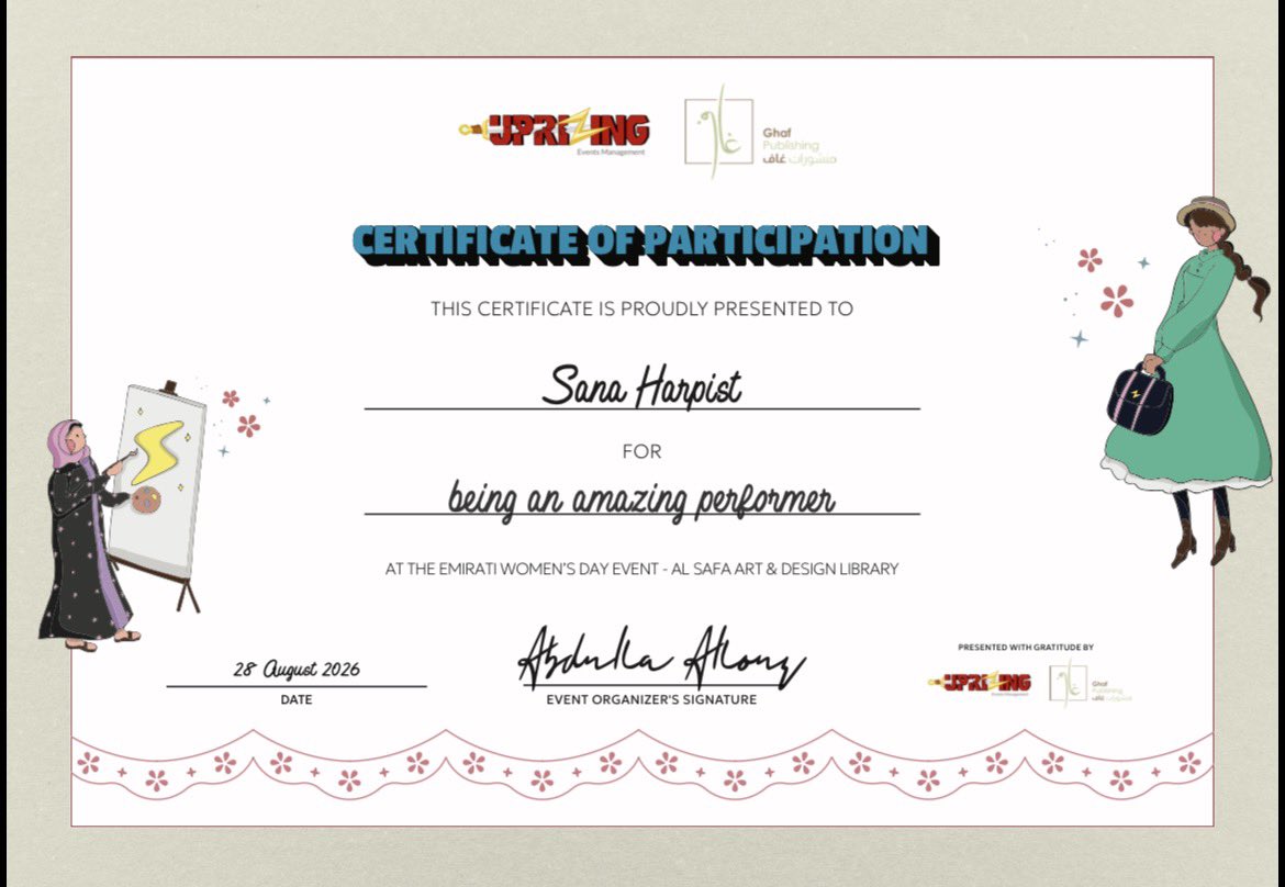 HarpSanae's tweet photo. Certificate for my performance on Emirati Women’s Day.
I am honored to contribute to culture of UAE.
Thank you
#harplesson
#harpist #dubaï #uae🇦🇪 #certification https://t.co/fFScURr0Ox