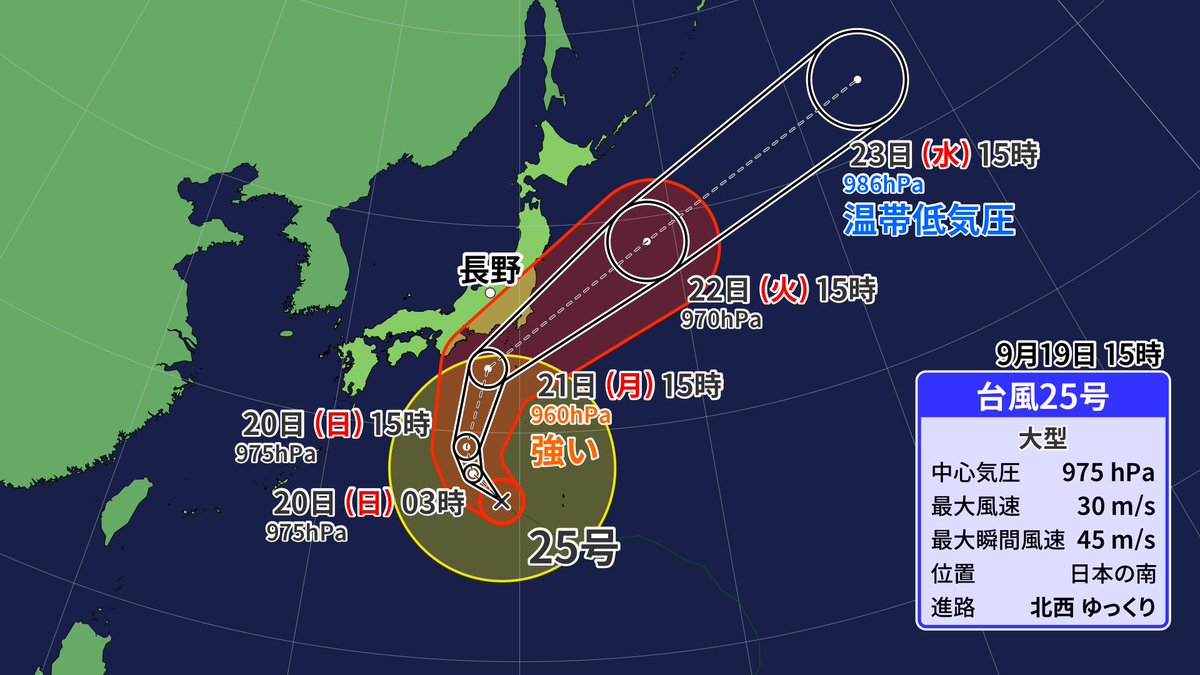 akahane_yusuke's tweet photo. きのうまでの予想よりも
東海寄りの進路になってきたので
関東甲信への影響は半日以上遅くなりました。 https://t.co/Nwp7tenxIi
