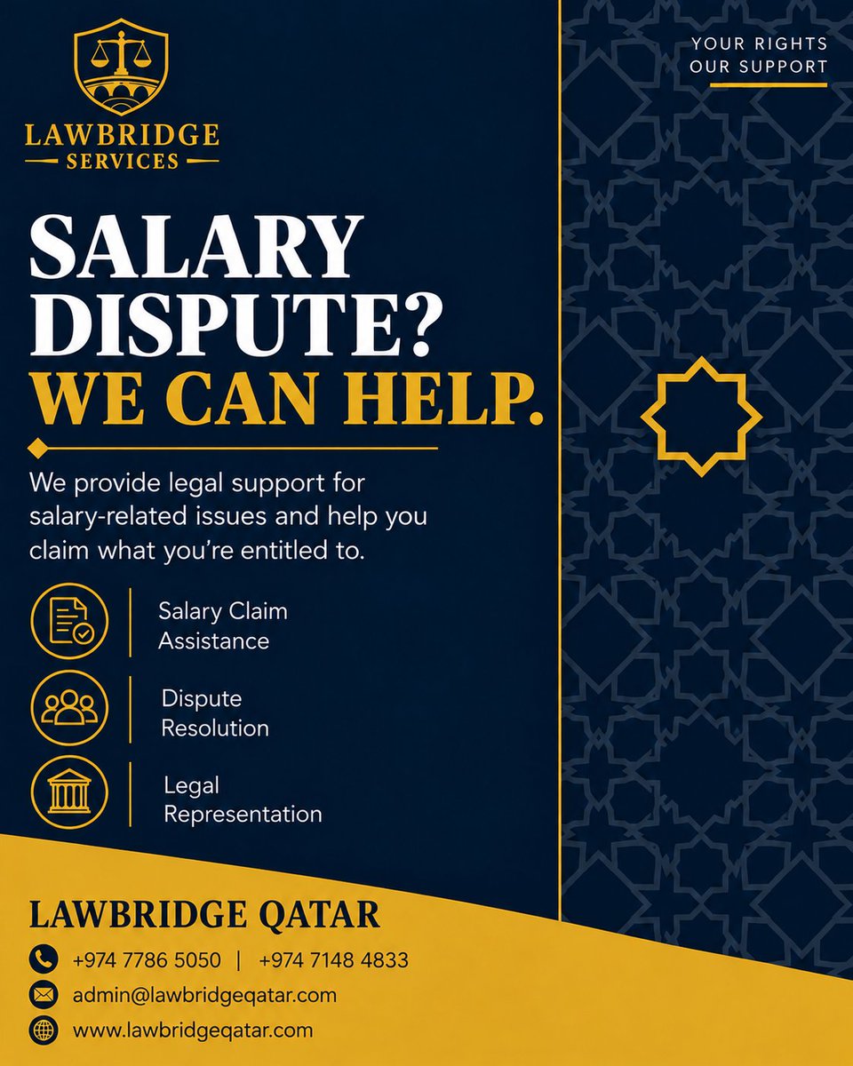 lawbridgeqatar's tweet photo. Salary Dispute? Know Your Rights. ⚖️

Facing issues related to unpaid salary, delayed payments, or other employment-related dues? 
📞 +974 7786 5050 | +974 7148 4833
📧 admin@lawbridgeqatar.com

#LawBridgeQatar #SalaryDispute #SalaryClaim #EmploymentLaw #LabourLaw #LegalSupport https://t.co/dwfjUzV3oz
