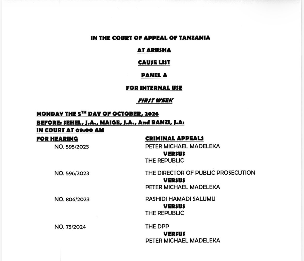 PMadeleka's tweet photo. SHERIA SIYO MITULINGA😂:

Ule muda wa mimi KUFUNDISHA SHERIA umewadia. Kuanzia tarehe 5 Oktoba 2026 👇 nitakuwa MAHAKAMA YA RUFANI pale ARUSHA ili KUTUNGA SHERIA MPYA (Precedent) ya “PLEA BARGAIN”. Kutakua HAKUNA KIINGILIO. Wote MNAKARIBISHWA. https://t.co/0WnjrdpSH9