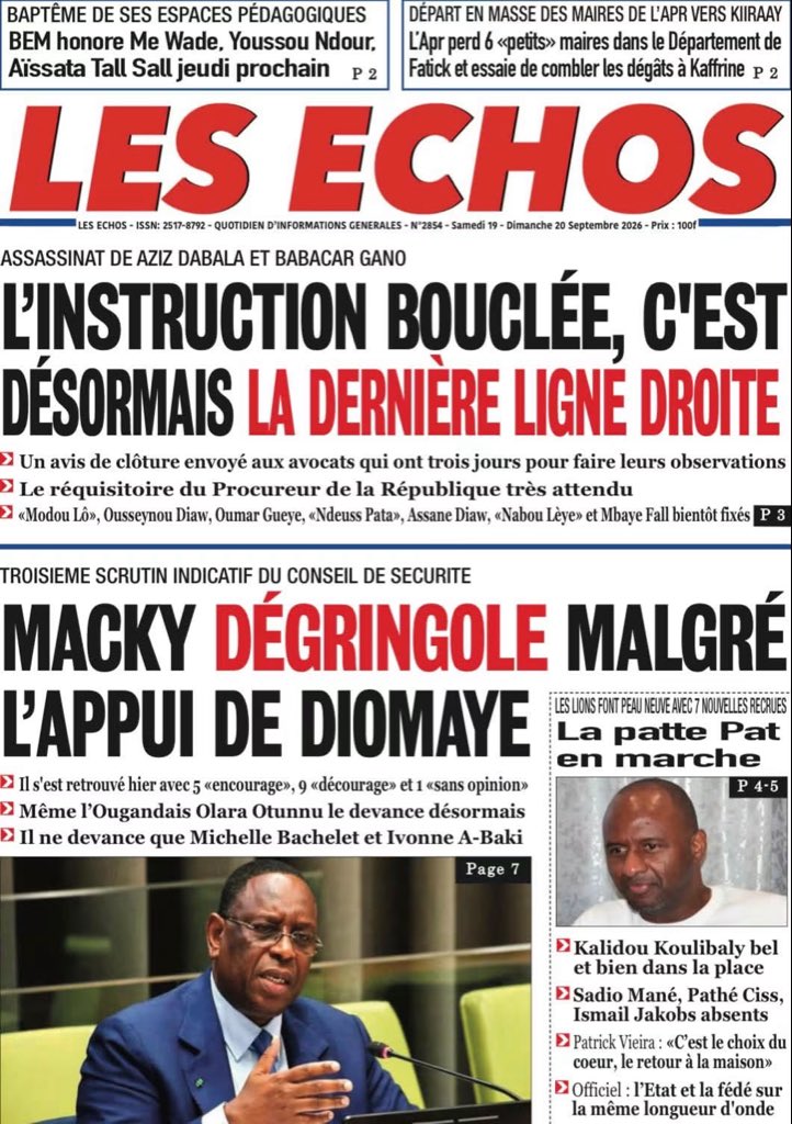 Mo_Njaay's tweet photo. #RevueDePresseSn : Les unes des quotidiens du Samedi 19 Septembre 2026. Bon week-end et bonne lecture. #Senegal,#LeSoleilSn,#SudQuotidien,#LesEchosSn,#VoxPopuliSn https://t.co/NwBWBWg0GV