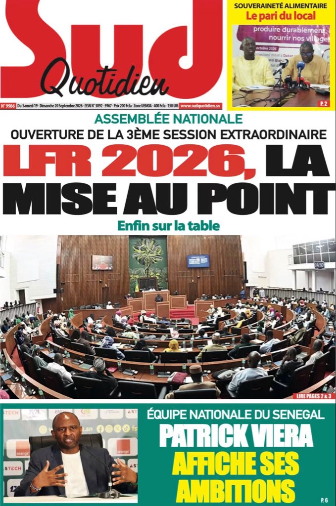 Mo_Njaay's tweet photo. #RevueDePresseSn : Les unes des quotidiens du Samedi 19 Septembre 2026. Bon week-end et bonne lecture. #Senegal,#LeSoleilSn,#SudQuotidien,#LesEchosSn,#VoxPopuliSn https://t.co/NwBWBWg0GV