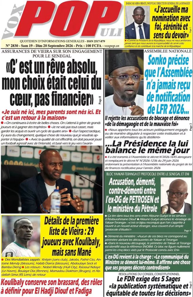 Mo_Njaay's tweet photo. #RevueDePresseSn : Les unes des quotidiens du Samedi 19 Septembre 2026. Bon week-end et bonne lecture. #Senegal,#LeSoleilSn,#SudQuotidien,#LesEchosSn,#VoxPopuliSn https://t.co/NwBWBWg0GV