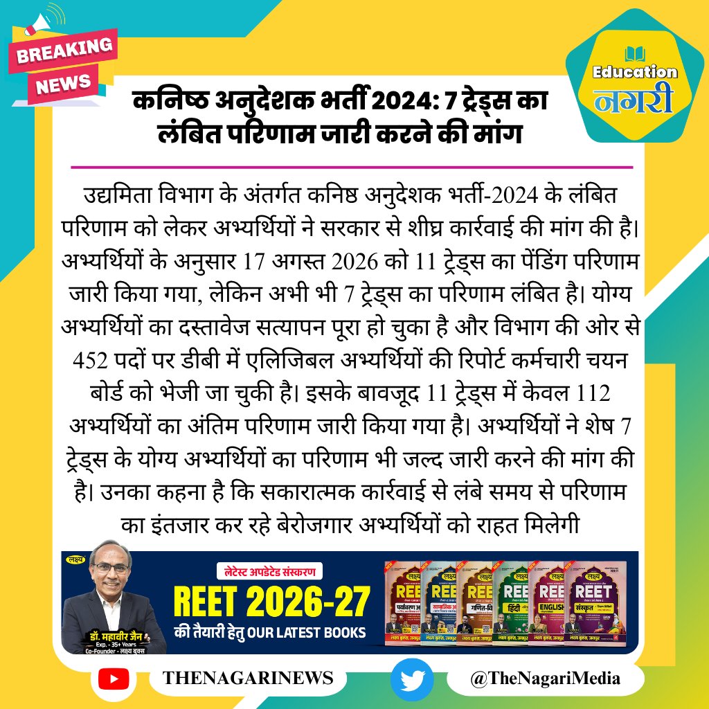 educationnagari's tweet photo. कनिष्ठ अनुदेशक भर्ती 2024: 7 ट्रेड्स का लंबित परिणाम जारी करने की मांग
#EducationNagari https://t.co/0zHaTMT9Zl