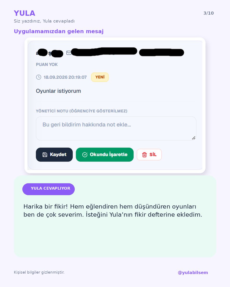 yulabilsem's tweet photo. 💌 Yula’ya sizden gelenler!
Uygulamamızın “Bize Yaz” bölümünden harika mesajlar alıyoruz. Yula da minik arkadaşlarının sorularını, önerilerini ve güzel sözlerini büyük bir dikkatle okuyor. 🦉
💜Bu kez siz yazdınız, Yula cevapladı!👇 https://t.co/anMygl6L3k