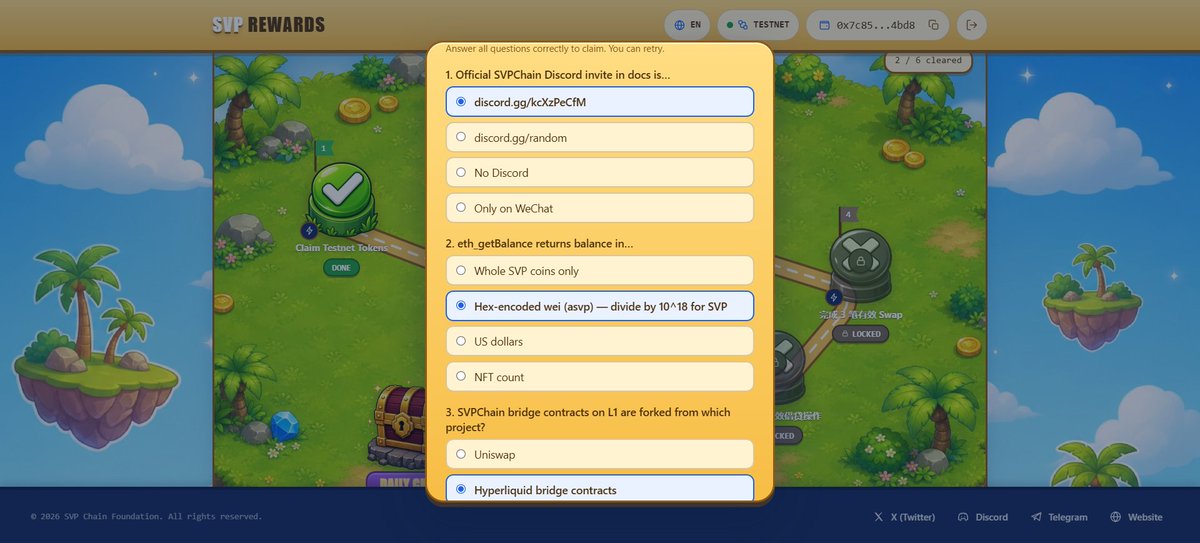 hanbang618's tweet photo. Hi guys,
Today Daily Quiz: Answer 3 quick questions about SVP Chain. All correct to claim 30pt🎁
Today the questions about:
> Official SVPChain Discord
> Account and state
> Bridges
#svpchaintestnet #svprewards #SVPChain https://t.co/kky8NFUrIM