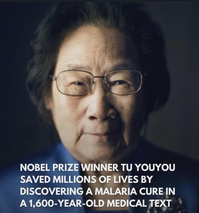 Rainmaker1973's tweet photo. The remarkable story of Chinese scientist Tu Youyou, who won the 2015 Nobel Prize in Physiology or Medicine for her discovery of artemisinin — a breakthrough drug that has saved millions of lives from malaria worldwide.

In the late 1960s and early 1970s, amid China's "Project 523" (a secret effort to combat malaria during the Vietnam War era), Tu Youyou and her team reviewed thousands of ancient Chinese medical texts for herbal remedies against "intermittent fevers" (a classic description of malaria symptoms).

Most preparations involved boiling herbs into decoctions, but one key reference from the Eastern Jin Dynasty (around 340 AD) stood out — Ge Hong's A Handbook of Prescriptions for Emergencies (肘后备急方). It described using qinghao (sweet wormwood, Artemisia annua) by taking "a handful of qinghao, immerse in two liters of water, wring out the juice, and drink it all." Notably, this method used cold water steeping and wringing (squeezing) rather than heat.

This detail was pivotal: Traditional boiling methods had yielded inconsistent or ineffective results in modern tests because high temperatures degraded the active compound. Tu hypothesized that heat was destroying the antimalarial potency, so her team shifted to low-temperature extraction techniques.

In September 1971, they experimented with solvents like ethyl ether (which has a low boiling point of about 35°C) to extract the leaves and stems at reduced temperatures. On October 4, 1971, they obtained a highly effective sample (#191) that achieved 100% inhibition of malaria parasites in rodent and monkey models. This led to the isolation of artemisinin (also called qinghaosu) in 1972.

Tu even tested the safety of early extracts on herself first. Artemisinin-based combination therapies (ACTs) are now the WHO-recommended first-line treatment for malaria, dramatically reducing deaths, especially in Africa and Asia.
