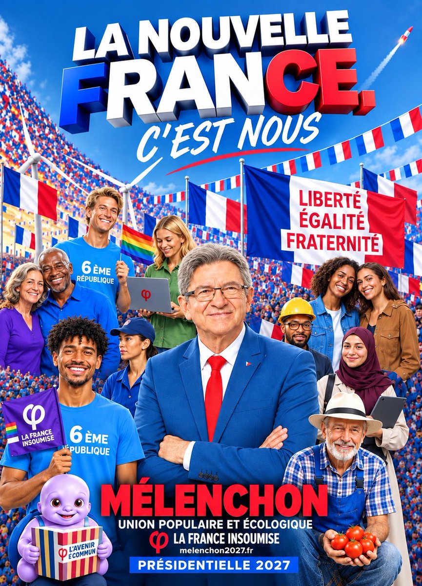 Jeffrey0092333's tweet photo. 🎨 Réalisation : #TeamJeffrey

📅 Date : 19 septembre 2026

🇫🇷 Objet : 1er  affiche de campagne présidentielle 

💬 Slogan : « La nouvelle France, c’est nous »

📱 Diffusion : Réseaux sociaux uniquement

🔄 Objectif : À partager et à relayer

#Melenchon2027  #Présidentielle2027 https://t.co/MKbaqN4lLa