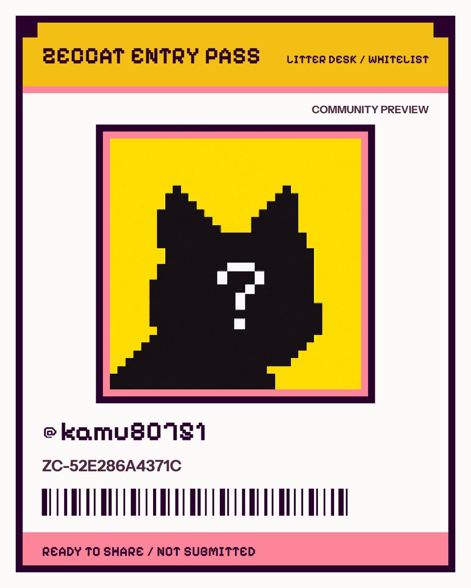 KAMU80751's tweet photo. I'm applying for the @zeccatnft whitelist. My Zeccat Entry Pass is ZC-52E286A4371C. Community preview only. https://t.co/vkLB0PaJX3