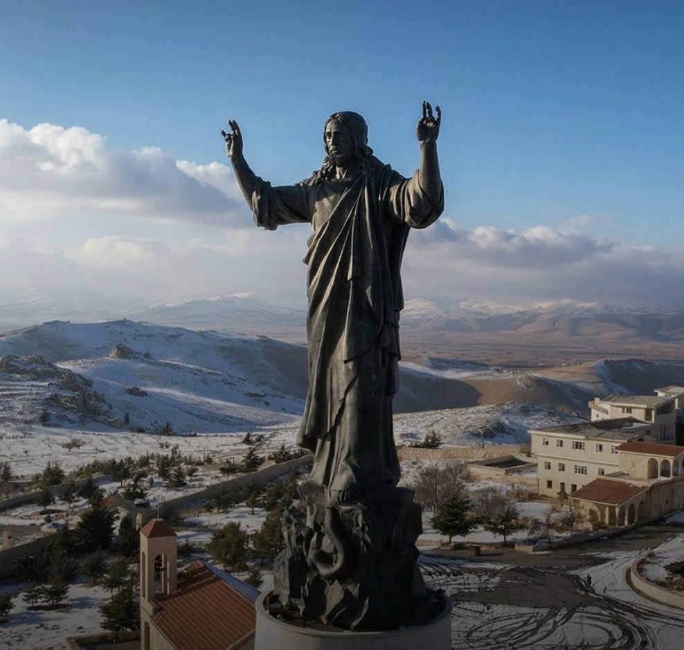 LvntChristians's tweet photo. ✝️🇸🇾 The second-largest statue of Jesus Christ in the world is located in Saidnaya. 

On Cherubim Mountain stands the largest statue of Jesus Christ in the Middle East, reaching a height of 12.3 meters

Saidnaya is a Christian majority city in Syria, keep them in your prayers. https://t.co/CVwTYYsaph