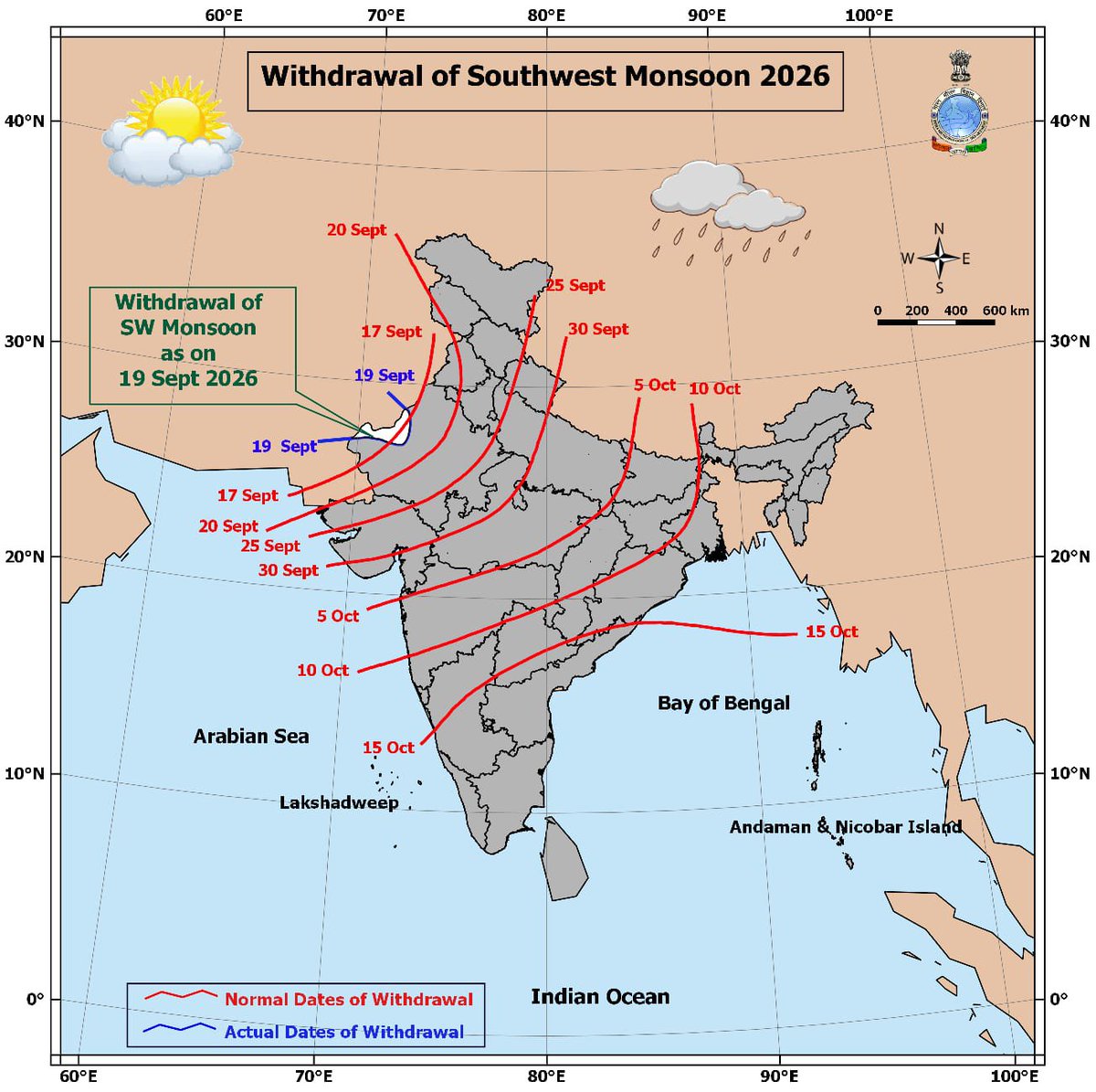 Hosalikar_KS's tweet photo. परतीचा प्रवास सुरू
19 Sept, Southwest monsoon has withdrawn frm some parts of W Rajasthan today,against the normal date of 17 Sept. 
Conditions favourable for further withdrawal frm some more parts of Rajasthan &amp; some parts of Punjab &amp; Saurashtra &amp; Kutch during next 3-4 days.
IMD https://t.co/l748Ub3k3q
