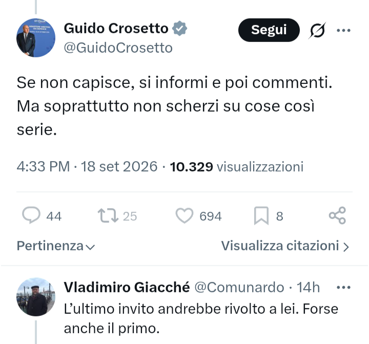 ComitatoCentra1's tweet photo. Ministro della difesa che all'inizio della guerra si fa trovare il 28/02/26 in spiaggia a Dubai con un bicchiere di Piña Colada. Ministro che si fa inchiappettare un MQ-9A Reaper ed un caccia F-2000 in un paio di mesi.

Ma trova il tempo di rompere i marroni per rispondere su X https://t.co/PpBAujTVTD