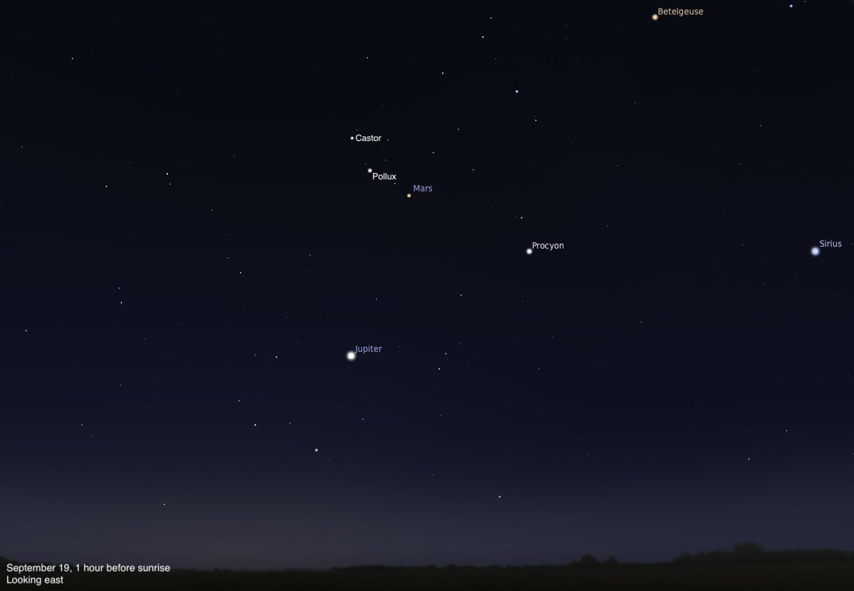 AstronomyMag's tweet photo. The Sky Today on Saturday, September 19: Mars meets Pollux
The Red Planet stands a few degrees south of the bright star Pollux in Gemini, easily visible in the early-morning sky. 

Image credit: Stellarium

Read more: https://t.co/8bP7bh1LMJ https://t.co/gwBY20QDuI