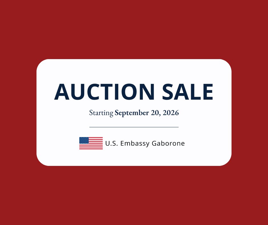 USEmbassyBW's tweet photo. We are selling surplus movable property via a web-based electronic auction starting September 20, 2026.  

More information is available on the link ▶️https://t.co/eSKokH5aDu https://t.co/O4XIq5SfKI