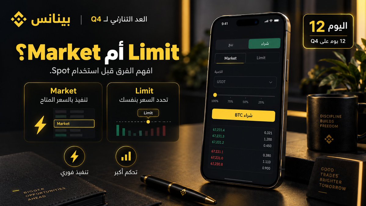 BinanceArabic's tweet photo. 📈 باقي 12 يوم على Q4

معلومة اليوم: Market أم Limit؟

الفرق بسيط لكنه مهم:

Market ينفّذ الأمر بالسعر المتاح في السوق.
Limit يتيح لك تحديد السعر الذي تريد تنفيذ الأمر عنده.

معرفة الفرق بينهما تساعدك على استخدام السوق الفوري بشكل أوضح.

تابع @BinanceArabic
أعد نشر منشور اليوم
وسجّل في بينانس مع إكمال التحقق للمشاركة:

https://t.co/kv2J8VUItY

كل يوم تشارك فيه = فرصة إضافية للفوز 👀

#UptoberCountdown