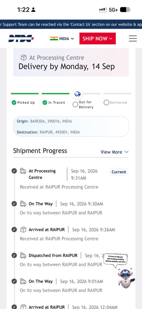 exabvp56's tweet photo. @DTDCIndia I have booked a parcel on Sept 9th for Raipur, it has still not delivered at the given address. It is showing at your processing center in Raipur from Sept 16th.  What a pathetic service you are providing to your customers. @PMOIndia https://t.co/sKmjEu9Ql4