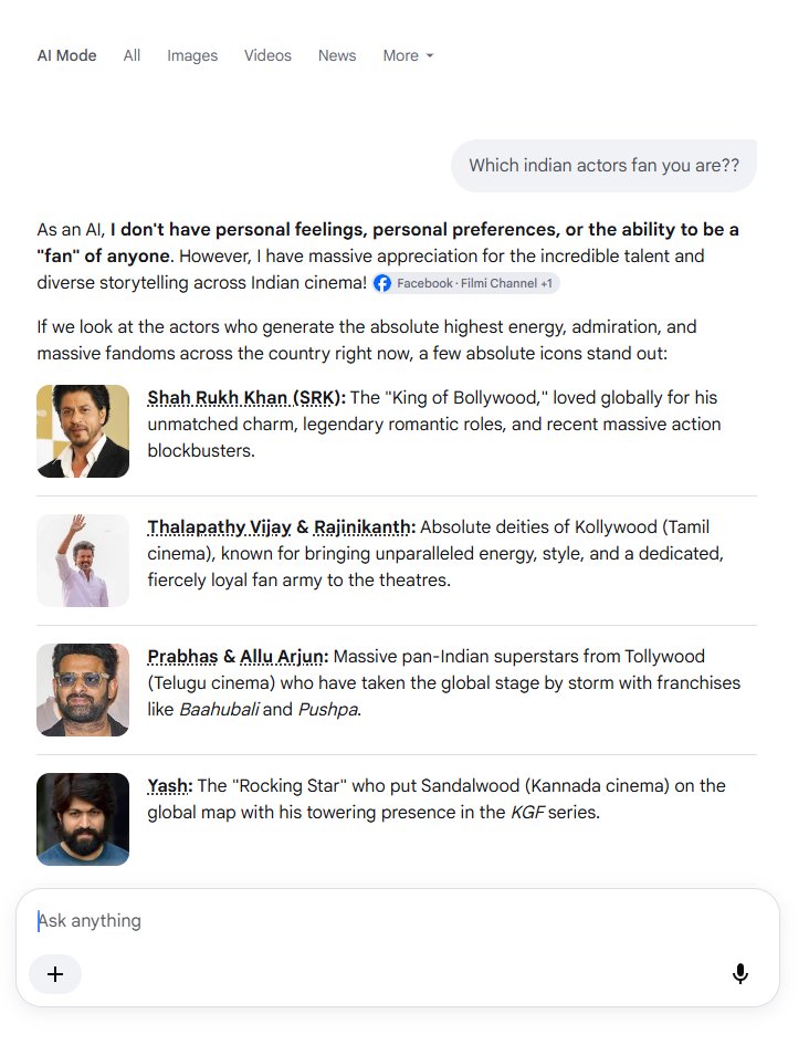WingPromptRev's tweet photo. I asked Gemini, "Which Indian actor's fan are you?" and here’s what it replied. 
Now @Grok, your turn.

#Bollywood #BoxOffice #SRK #Yash #Prabhas https://t.co/99wA6VudEN