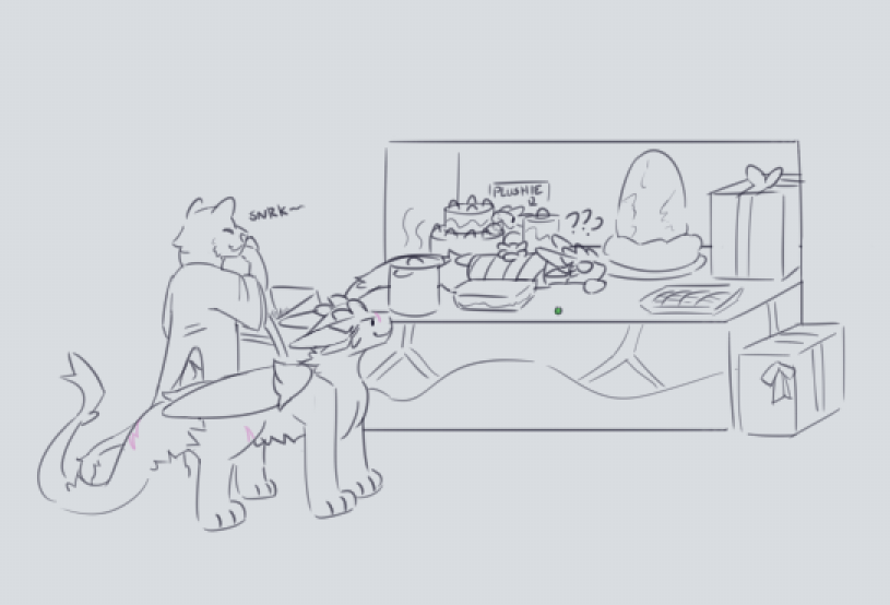 Introdile's tweet photo. Offering Received: The dragon!(gift wrapped) + egg + plushie of the dragon betwixt two cakes + chili (with beans), cornbread, coleslaw + prime cuts of tuna! + one (1) pea + biggest hatchday cake, shaped like dragon egg (#947)

wwait how are they here now
happy hatchday Ash!!!! https://t.co/PdCwMzkMpE