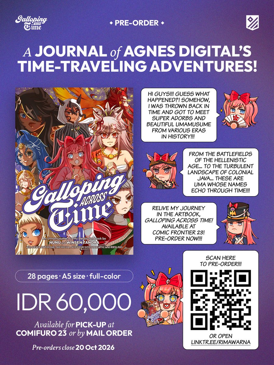 hanununue's tweet photo. [RT and Likes appreciated ❤️]

Digitan isekai'ed and meet legendary umas from various eras?? (｡ᵕ °ㅁ° ).ᐟ.ᐟ.ᐟ

Umamusume Agnes Digital fanbook "Galloping Across Time"
open for pickup at #CF23 &amp; local mail order!

📍Rimawarna with GOSANKE (Booth No TBA)

#cf23catalogue https://t.co/oS7NUhtd5H