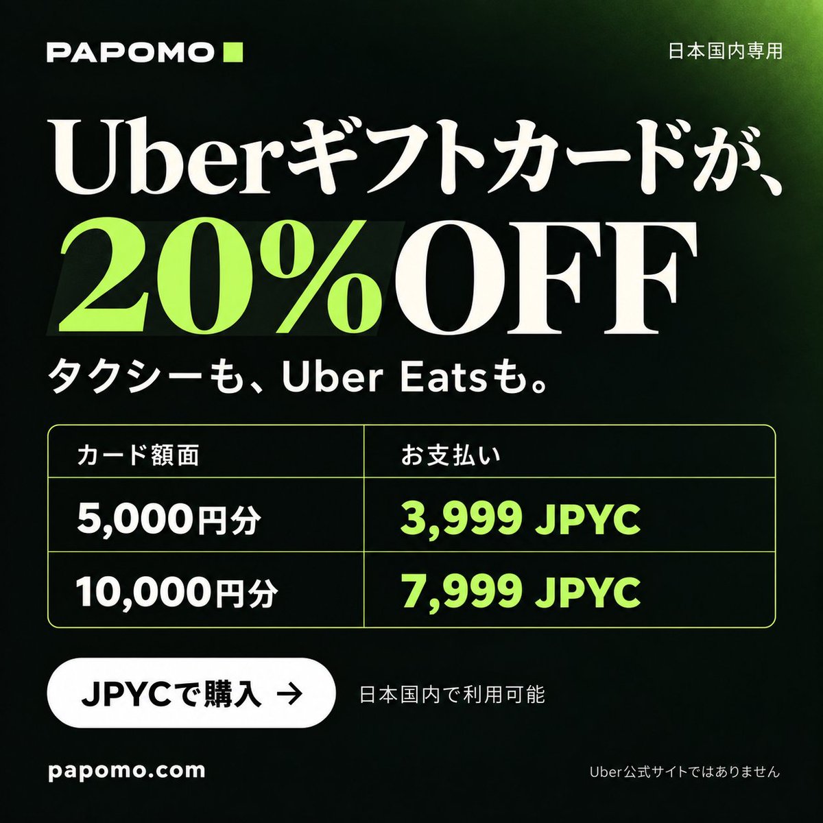PAPOMO_'s tweet photo. Uberギフトカードが、20%OFF。

5,000円分 → 3,999 JPYC

10,000円分 → 7,999 JPYC

タクシーも、Uber Eatsも

JPYCで購入。日本国内で利用可能

➡️ https://t.co/1fMdS9BWiq https://t.co/NvsJXH6BHw