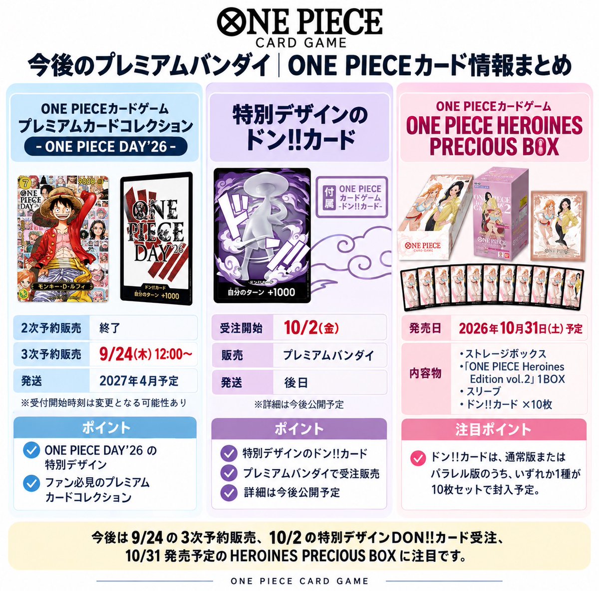 Meisy_TCG_News's tweet photo. 【情報】今後のプレミアムバンダイ予告＆イベント💡

『ONE PIECE DAY’26』プレミアムカードコレクション
📅9月24日12時より3次予約販売
特別デザインのドン!!カード 📅10月2日より受注開始

PRECIOUS BOXは抽選販売となる可能性 https://t.co/5RHvTKj4Pv