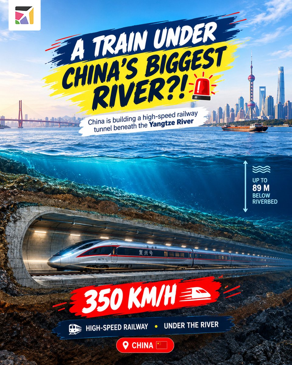 nitsatravel's tweet photo. A TRAIN UNDER THE YANGTZE RIVER?! 😳🚄🌊
China is building a high-speed railway tunnel beneath the Yangtze River, with trains designed to reach 350 km/h.🤯
Futuristic travel or a little too scary?
Would you ride it?
#China #HighSpeedRail #YangtzeRiver #Future #NitsaHolidays https://t.co/eGDwkyH5jG
