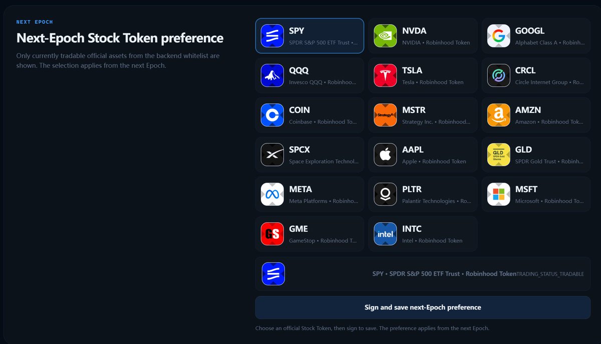 VortLaunch's tweet photo. Next-epoch stock preference is live.

Eligible holders pick an official Robinhood Chain stock token on the site. The choice takes effect next epoch and pays to the same Arc address. https://t.co/BIHxNZwbtY