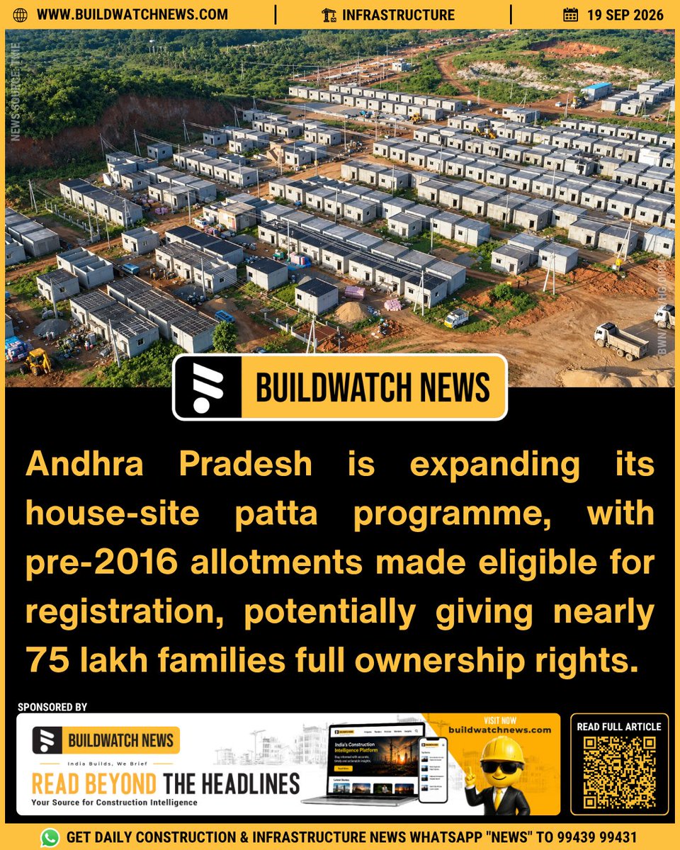 BuildWatchNEWS's tweet photo. #AndhraPradesh #Housing #PropertyRights #RealEstate Andhra Pradesh is expanding its house site patta programme. Pattas issued under government housing schemes before 2016 are being brought into registration, with the reform expected to cover nearly 75 lakh families and strengthen formal property documentation.

https://t.co/8k4ChxHFke

🔗 Join our WhatsApp group for Daily Industry Updates:
✅ English: https://t.co/pMIZvyUyOT
✅ Tamil: https://t.co/Xc5If7pNmk