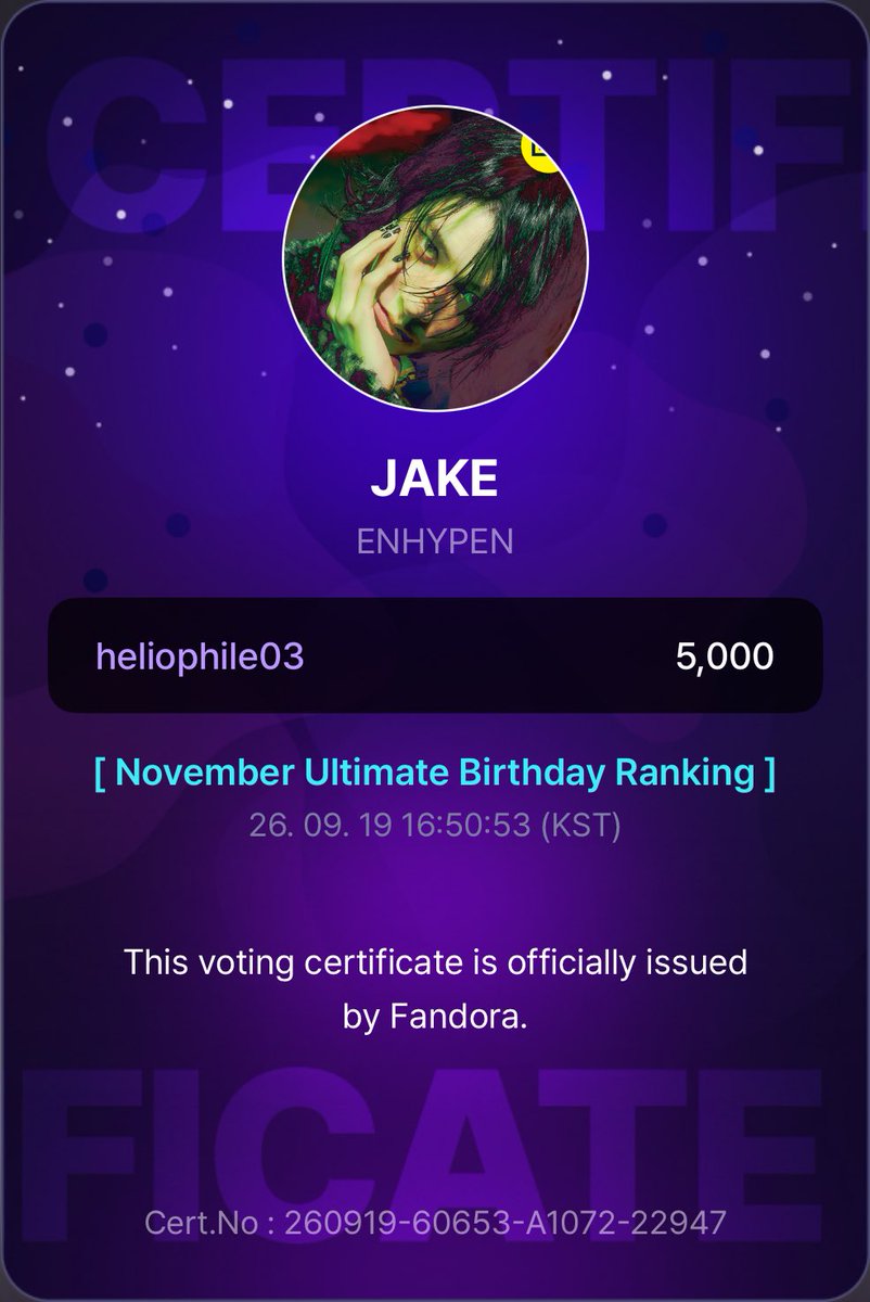 heliophileVTS's tweet photo. FANDORA NOVEMBER ULTIMATE BIRTHDAY / DEAL DONE ✅

CONGRATULATIONS !

Dropped 10,000 hearts for #JAKE

Thank you everyone for participating!!

#heliophilevts #heliophile_proofs https://t.co/APL42sHNhg