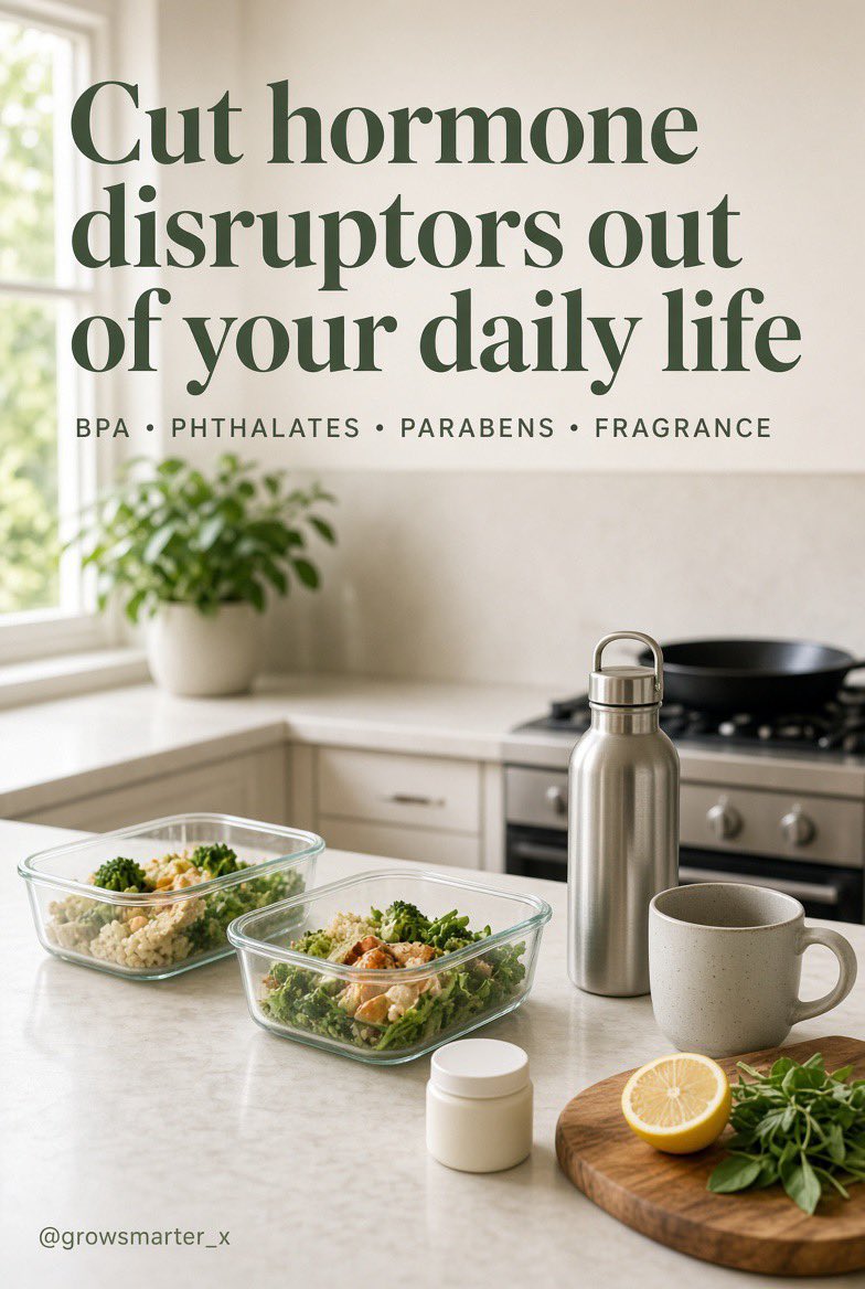 GrowSmarter_x's tweet photo. Hormone disruptors aren’t just weird chemicals in a lab.

They can be in your plastic bottles, lotions, takeout containers, receipts, and even products labelled “fragrance.”

Here are a few simple ways to reduce your everyday exposure 🧵 https://t.co/QnavvXbfs1