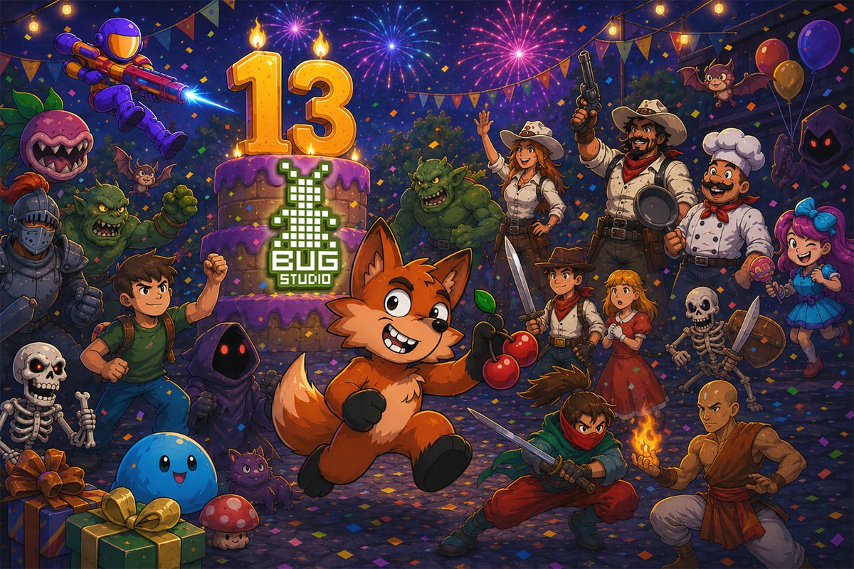 BUG_Studio's tweet photo. 🎉BUG-Studio turns 13!🐞🎮

13 years of games, memories, sleepless nights and, of course, bugs!

Thank you for being with us all these years.❤️
Here’s to many more games and bugs!🚀🐞

#gamedev #pixelart #indiegame #construct3 #indiedev https://t.co/iaQJSYQrgi