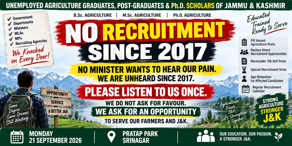Basitwani345's tweet photo. Unemployed Agri Graduates of J&amp;K are organizing peaceful sit-in at Pratap Park,Srinagar,on 21 Sept
We request every leader to join us,hear our concerns &amp; support our genuine demand for fair recruitment opportunities
@JKNC_
@jkpdp
@RuhullahMehdi 
@JavedDar_NC 
@imrankehwah https://t.co/e6u5rehezW