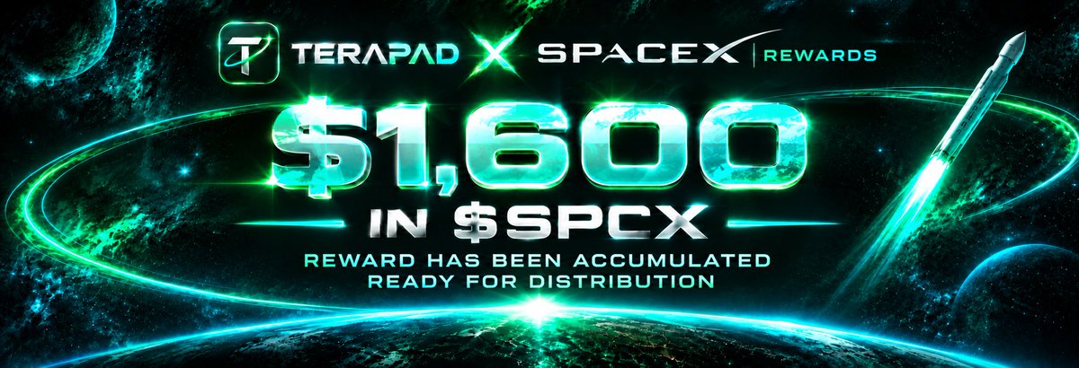 terapad44A1's tweet photo. NEW MILESTONE UNLOCKED!   

Over $1,600 worth of  $SPCX rewards have been accumulated across 150 sweeps!  

The rewards are ready for distribution to $TERA holders.   

Hold  $TERA → Earn $SPCX

The rewards keep stacking. https://t.co/90qjjVYgVd