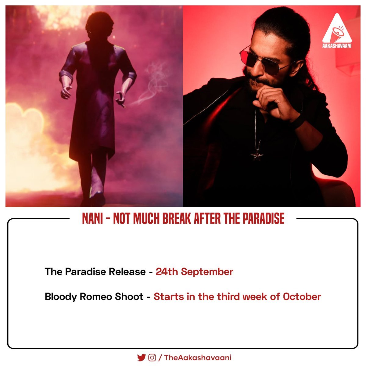 theframefilms's tweet photo. TFI News:🎬

The Natural star @nani has a update no break after the release of madmax #paradise, start the next film with sujeeth #bloodyromeo in third week of October. 

#nani #telugucinema #telugufilmnagar https://t.co/7nFz6NSg7C
