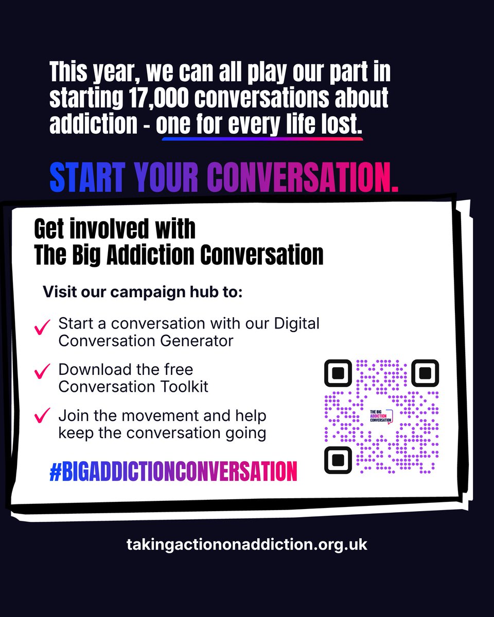 ActionAddiction's tweet photo. By encouraging more open and honest conversations, we hope more people will feel able to reflect on their drug or alcohol use, seek help when they need it, support a friend, family member or colleague, and know that recovery is possible.

Visit our campaign hub to get started with:
📲 Digital Conversation Cards
🧰 Campaign Toolkit
🗣️ How to Speak to a Professional - a practical guide

Join the movement and help change how Britain talks about addiction.
🔗 https://t.co/srxSp6Gtco