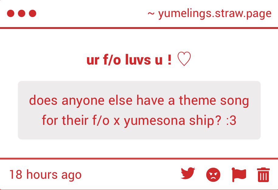 yumelings's tweet photo. ── ⟡ ˙🐾 ̟   

“does anyone else have a theme song for their f/o x yumesona ship? :3” https://t.co/pygpwhOrfs