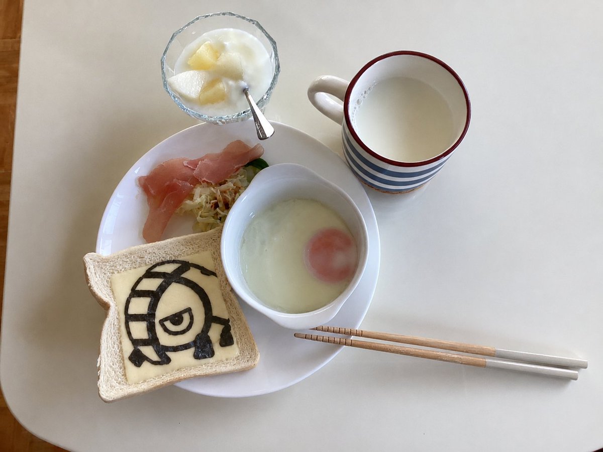yokky22's tweet photo. 朝食に蛋白質20g以上摂取推奨        
テツノワダチ(ポケモン)朝定食              
タンパク23g(牛乳5＋ヨーグルト2+生ハム2+チーズ3+パン5+温泉玉子6)             
#朝食にタンパク質20g以上推奨 #免疫力 #料理 #健康 #AI画像修正　#ポケモン https://t.co/JRpn0mPIXP