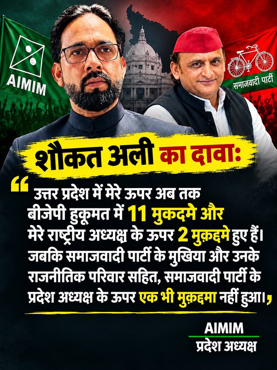 iMohdAnsar's tweet photo. “उत्तर प्रदेश में @imshaukatali मेरे ऊपर अब तक बीजेपी हुकूमत में 11 मुकदमे और मेरे राष्ट्रीय अध्यक्ष के ऊपर 2 मुकदमे हुए हैं। जबकि समाजवादी पार्टी के मुखिया और उनके राजनीतिक परिवार सहित, समाजवादी पार्टी के प्रदेश अध्यक्ष के ऊपर एक भी मुकदमा नहीं हुआ। https://t.co/kah6nyUd2P