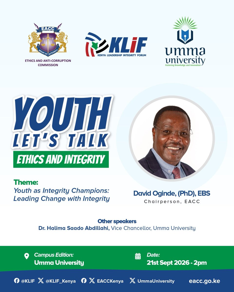 UmmaUniversity's tweet photo. 📢 REMINDER!

The @EACCKenya Campus Edition is happening this Monday @UmmaUniversity

Join us for an engaging session featuring the Chairperson of the @EACCKenya and the Vice Chancellor of @UmmaUniversity  as speakers, as we come together for meaningful conversations on ethics, integrity and accountability.

📅 Monday, 21st September 2026
📍 Umma University
We look forward to welcoming you!

#EACCCampusEdition #EACC #KLiF #EthicsAndIntegrity #YouthLeadership #Integrity #ResponsibleLeadership #UmmaUniversity  
 #StudentLeaders