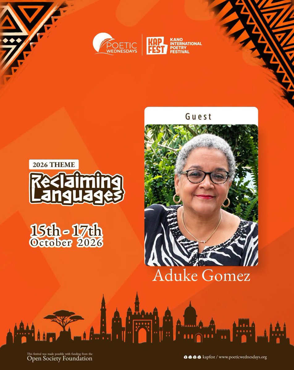 Kanopoetryfest's tweet photo. Meet Aduke Gomez, a lawyer, writer, and advocate for creative practice, joining us at #KAPFEST26

We’re delighted to have Aduke with us this year.

If you love thoughtful conversations, fresh perspectives, and being in a room full of people who care about the arts, you’ll want to be at KAPFEST this year.

Get your tickets and join us: https://t.co/kB30EElI7m 

15–17 October 2026 | Kano