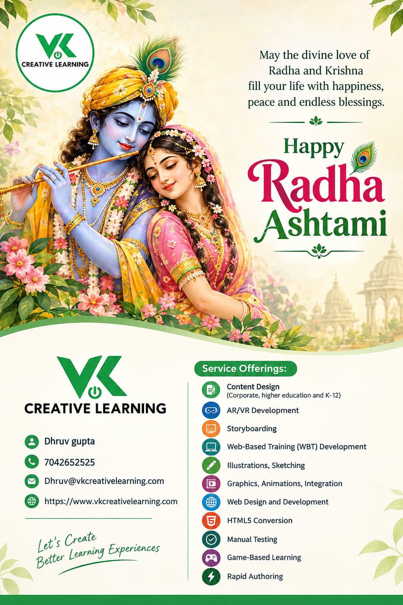 VKcreativelearn's tweet photo. 🌸 Happy Radha Ashtami 2026! 🌸
May Radha Rani bless you with love, peace, happiness &amp; prosperity. 🙏✨
Radhe Radhe! 💖
#RadhaAshtami #RadheRadhe #RadhaAshtami2026 https://t.co/lFobUhKzbb