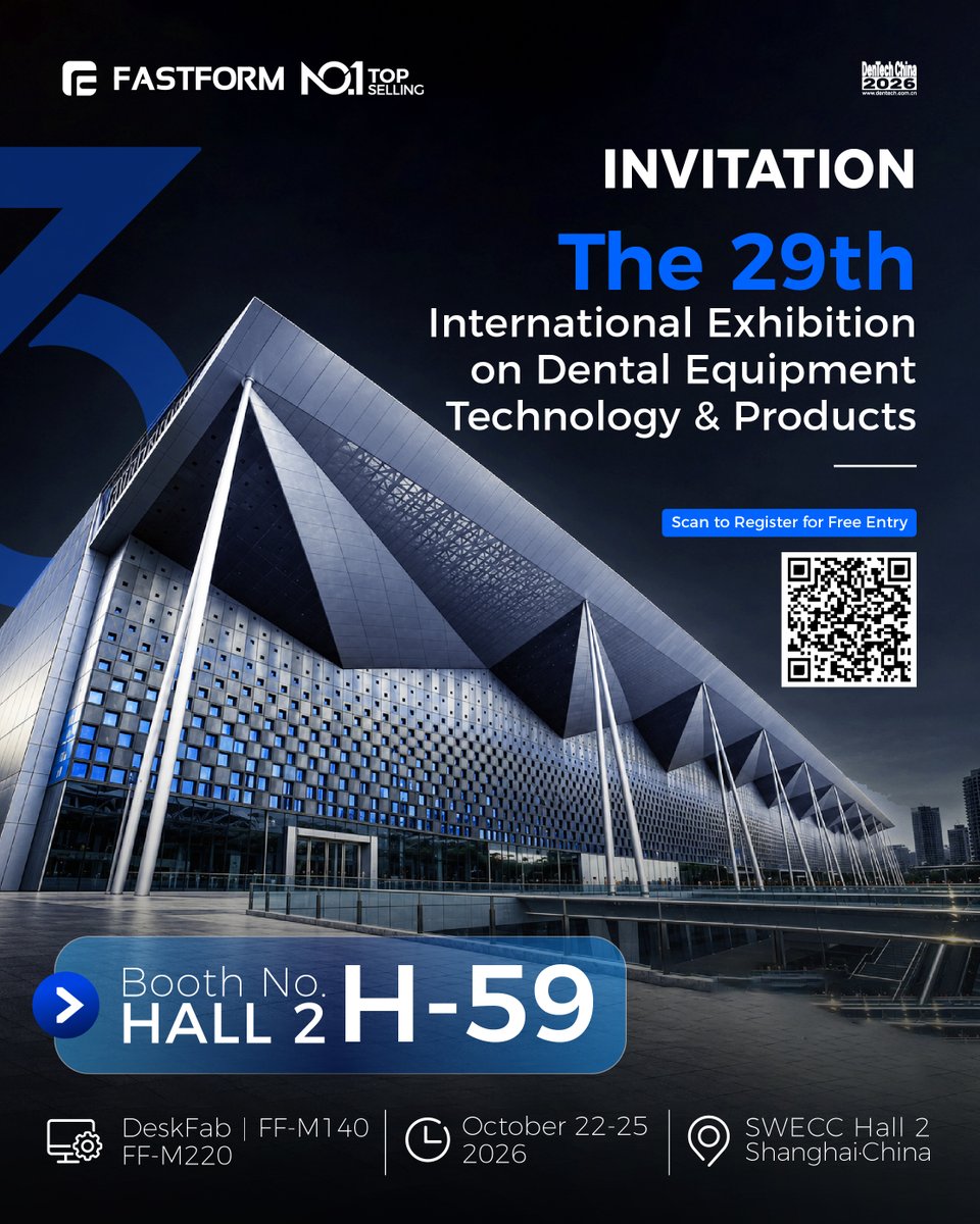 fastform3dprint's tweet photo. FASTFORM is heading to DenTech China 2026!
π
Oct. 22β25, 2026
π SWEECC, Shanghai
π Hall 2, Booth H-59
Discover our latest dental metal 3D printing solutions featuring DeskFab, FF-M140 & FF-M220.
Scan the QR code for free registration.
#FASTFORM #Dental3DPrinting https://t.co/eMi1In2WiX
