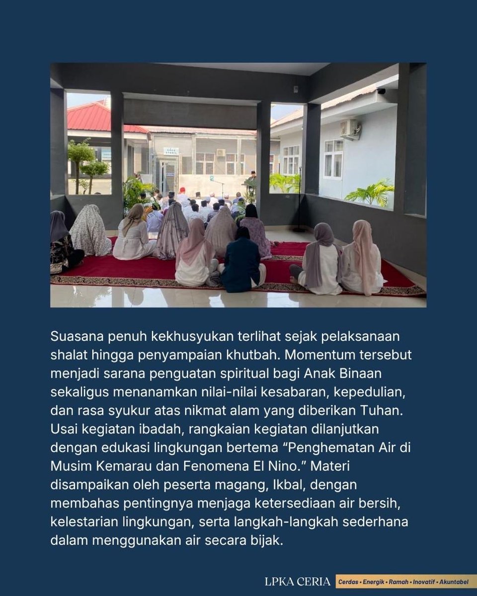 LPKAPALU's tweet photo. Khidmat, LPKA Kelas II Palu Gelar Shalat Istisqa di Tengah Musim Kemarau

Palu - Lembaga Pembinaan Khusus Anak (LPKA) Kelas II Palu menggelar Shalat Istisqa berjamaah, Jumat (18/9/26). Shalat dua rakaat tersebut menjadi bagian dari ikhtiar bersama untuk memohon turunnya hujan https://t.co/SazGFW6ICd