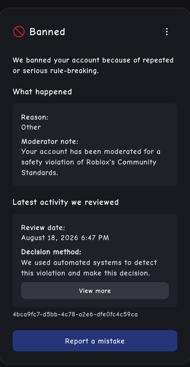 calkpug's tweet photo. @Roblox @Roblox_RTC  My 500k+ worth of account gotten permanent banned by Ai-Moderation, I miss working on my small projects. I don't want a Ai mistakes take all my stuffs away. I genuinely disappointed about this https://t.co/VrO0Z8CAE0