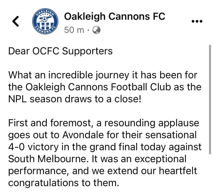 SMEMUFC's tweet photo. Dear @oakcannonsfc supporters 

What an incredible journey. I’m sure you’ll all join me in a resounding applause to Avondale for their sensational victory in the #NPLVic Grand Final today. It was an exceptional performance and we extend our heartfelt congratulations to them. https://t.co/qvaGdLo3y0