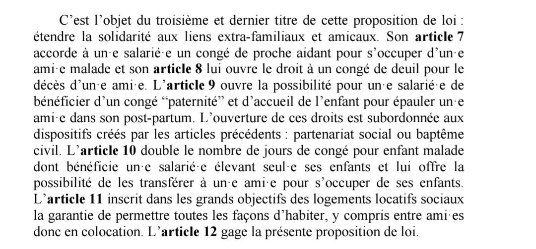 MaloTourquetil's tweet photo. J'ai lu la proposition de Loi de Clémence Guetté.

On s'attendait à découvrir une loi sur l'amitié, et finalement on a :

- Une loi qui vide le mariage/PACS de leur substance en créant le "Partenariat Social" qui ouvre les mêmes droits (notamment fiscaux) à n'importe qui.

- Une loi qui vise simplement à donner plein de congés supplémentaires (comme le fait de vous donner un congé si votre ami fait un post-partum ?). En gros, 10 jours de congés supplémentaires en moyenne par an pour les gens qui ont des amis. Intenable.

- Une loi qui donne la possibilité à des colocs de prendre des logements sociaux. Donc on perd totalement l'intérêt du logement social qui était d'aider des familles ou personnes en situation difficile. Puisque ces logements pourront être retenus par de simples colocataires.

Et enfin, le tout est financé par des hausses d'impôts.

Bref. Une mauvaise loi sans queue ni tête uniquement faite pour créer le débat.