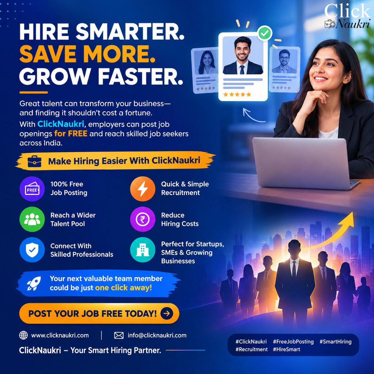 ClickNaukri's tweet photo. 🚀 HIRE SMARTER. SAVE MORE. GROW FASTER!

🎯 Your next great hire could be just one click away!
📢 POST YOUR JOB FREE TODAY!

🌐 https://t.co/fLy15trnOF
📧 info@clicknaukri.com

#ClickNaukri #FreeJobPosting #SmartHiring #Recruitment #HireSmart https://t.co/M8ZoRXZQtq