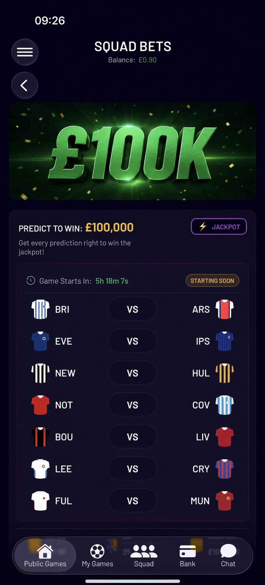 SquadBetsUK's tweet photo. Don’t forget — Match 7 is completely free to enter.
£100K jackpot if you get every prediction right, plus cash for the top 3 places.
This week’s games:
BRI vs ARS
EVE vs IPS
NEW vs HUL
NOT vs COV
BOU vs LIV
LEE vs CRY
FUL vs MUN
Get your entries in by 2.45pm today🕰️ 
18+ https://t.co/cxg17BlbNk