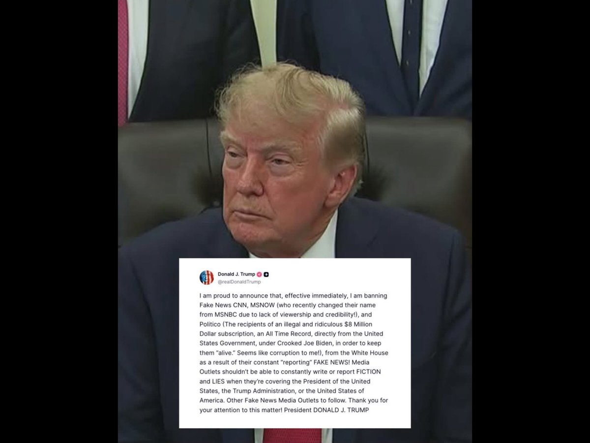charise_lee's tweet photo. Maria Shriver @mariashriver 
“My fellow Americans: Please direct your attention to this matter for just a moment. Allow this to sink in. The President of the United States of America just said he wants to ban the free press. He said he doesn’t want them in his office, which by the way is the Oval Office in the People’s House. This is unheard of, and we the people cannot let this be!

For the record, we have a free press in this country. For the record we should all be worried not just about this latest outburst, but by all of it going forward without permission — putting our service members in harms way, raising tariffs willy nilly, threatening buildings and institutions unless his name gets put on them. This is not the behavior of a centered leader who is focused on the good of the people. This is not the behavior of a compassionate leader focused on the millions of Americans who cannot afford healthcare, childcare, gas, or food. This is not the behavior of a man who can emotionally regulate himself.

We should all be concerned — those who voted for him and those who didn’t. The midterms are around the corner. Vote like your life and the lives of others are at stake, because they are. Thank you for your attention to this matter!”